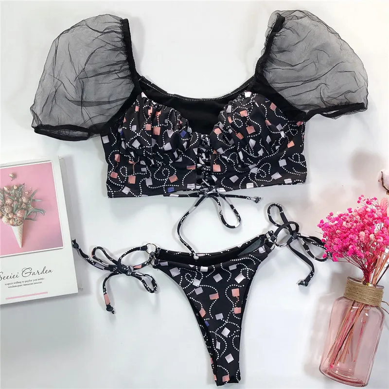 Trendy Bikini Set Lady 2020 Bandage Bikini with Lace Short Sleeve Geometric Print Swimusit Swimwear Women Beachwear Bathing Suit Trendy Bikini Set Lady 2020 Bandage Bikini with Lace Short Sleeve Geometric Print Swimusit Swimwear Women Beachwear Bathing Suit