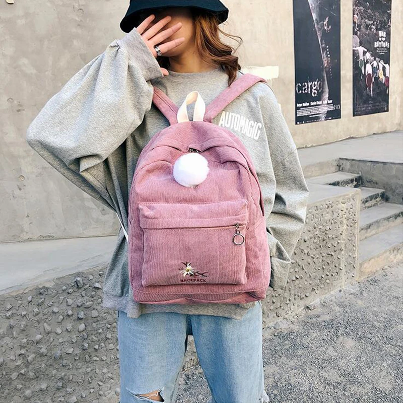 Ретро школьный рюкзак для девочек, простой дизайн, ранец, большой размер, сумка через плечо, Женский бархатный рюкзак, женская сумка для путешествий с помпонами