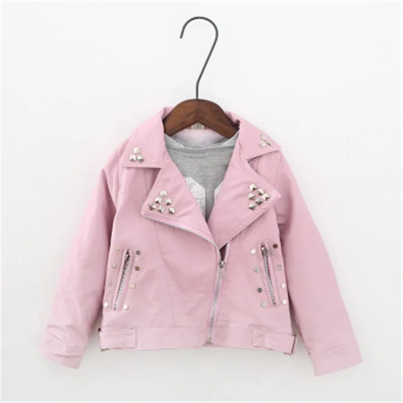 Spring and autumn fashion children's clothing solid color rivet decoration PU leather jacket zipper motorcycle Cool2-7 year old | Детская