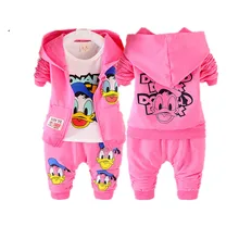 Комплекты одежды с Дональдом Даком для мальчиков и девочек верхняя одежда для маленьких мальчиков куртка с капюшоном+ футболка+ штаны, спортивный осенний комплект одежды из 3 предметов для мальчиков