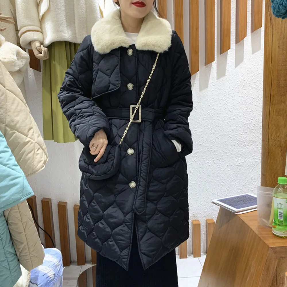

Winter 2020 Women Long Cotton Padded Jackets Korean Style Black White Ladies Office Fashion Parkas Chic Belt Casual Coats Warm
