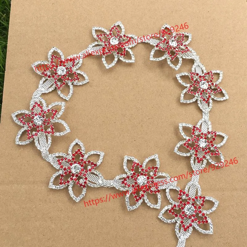 

high-quality clear red crystal flower chain trims for garments dress ornaments big flower rhinestone applique for hat shoes bags