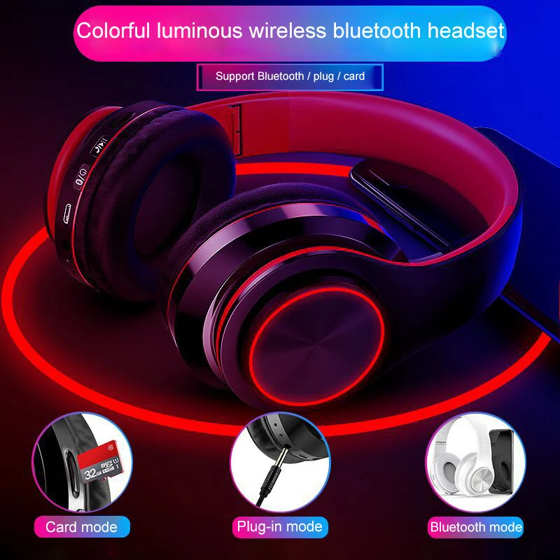 Классные Hi Fi стереонаушники светящиеся Складные Bluetooth музыкальные наушники FM