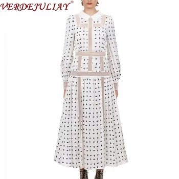 

VERDEJULIAY European French Fashion A-Line Dresses Women 2020 Spring Runway Design Stitching Hollow Out High Street Midi Dress