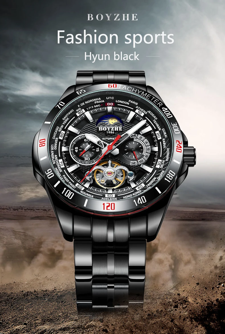 BOYZHE Mechanical Watch Men Stainless steel Waterproof Complete Calendar Military Automatic Tourbillon Watches Montre Relogio