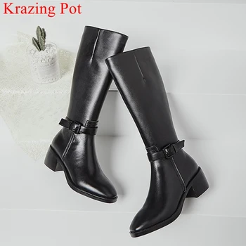 

superstar big size cow leather zipper round toe metal knee high boots classic office lady handmade riding boots winter shoes L03
