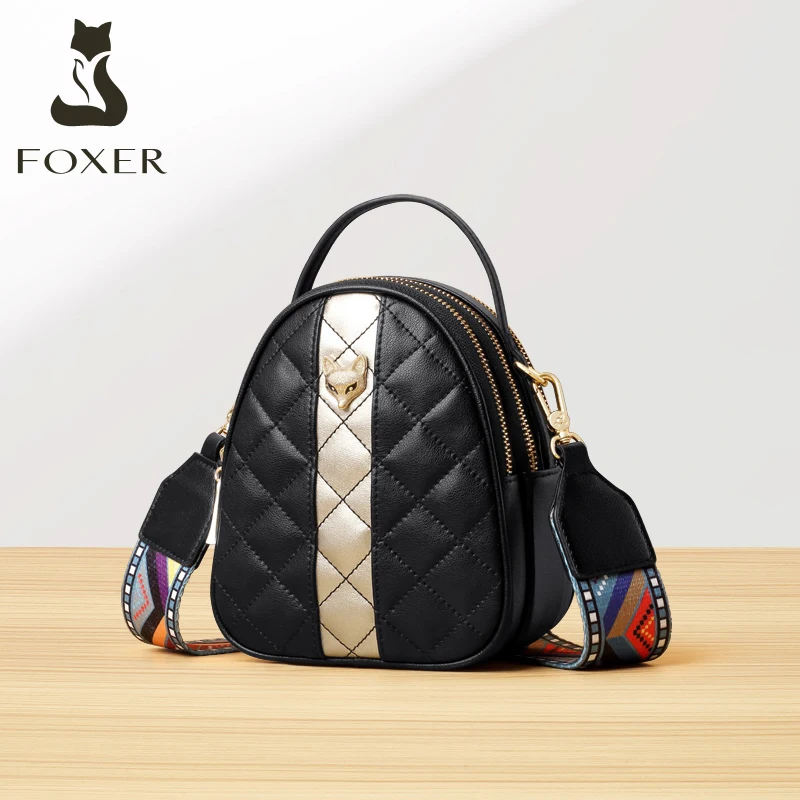 

Foxer Ladies Fashion Crossbody Bag Panelled Diamond Lattice Messenger Bag for Female Cowhide Large Capacity Girl's Totes Stylish