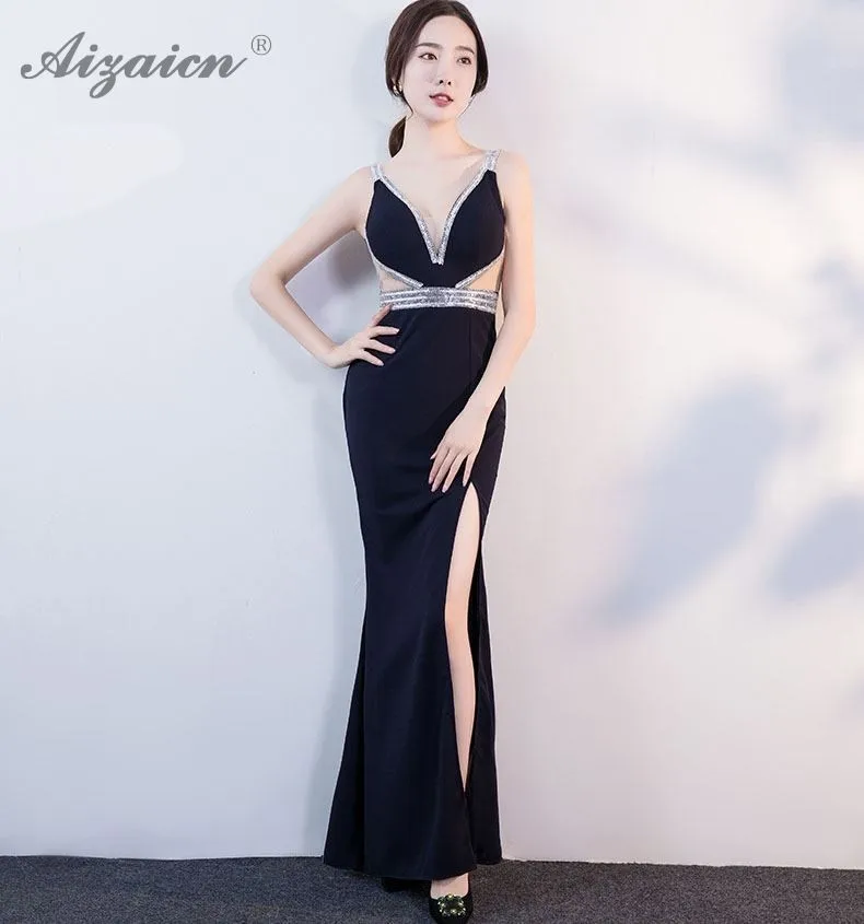 Модные длинные платья с глубоким v-образным вырезом Cheongsam черное современное китайское Сексуальное Тонкое Платье Qi Pao женское китайское вечернее китайское платье-Ципао