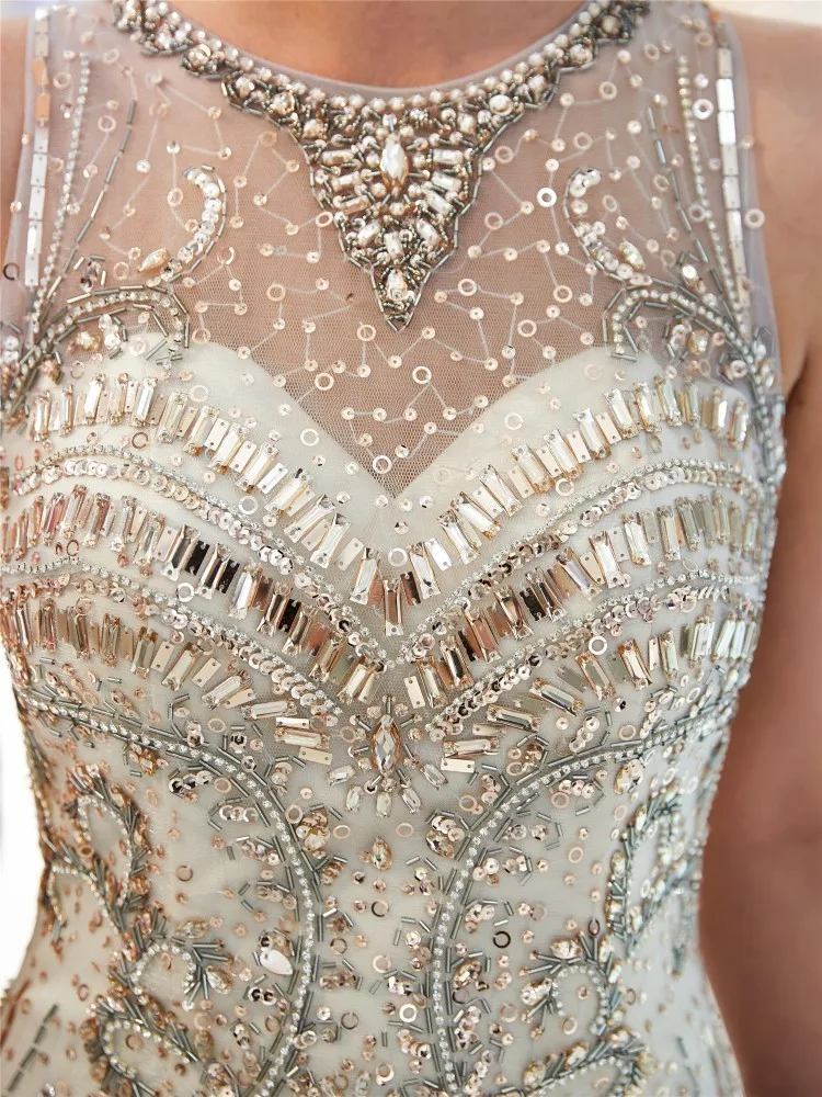 Горячая vestido de festa Русалка жемчуг длинное вечернее платье Винтаж без рукавов кружево вечернее платье с кристаллами узор
