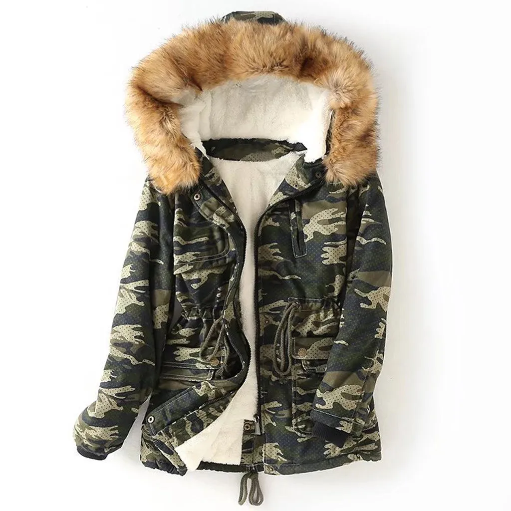 Зимняя новая верхняя одежда с меховым воротником и капюшоном, утепленная теплая женская зимняя куртка, Женская Камуфляжная парка, большой