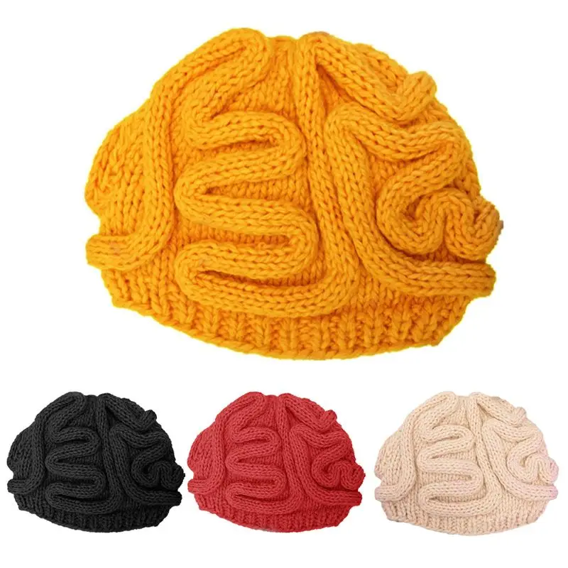 Funny Handmade Crochet Knit Beanie Hat Adult Kids Winter Personality Horrible Brain Solid Color Skull Cap Halloween Cosplay Prop