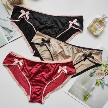 Luxury Bow Women's Underwear Vintage Solid Satin Crotch Cotton Seamless Briefs Sexy Panties Sex Thongs Female Lingerie 2