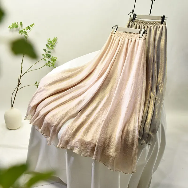 Women's Vintage Double Layer Pants Chinese Style High Waist Imitated Silk Chiffon Shiny Wide Leg Skirt Pants 2024 Spring PA111
