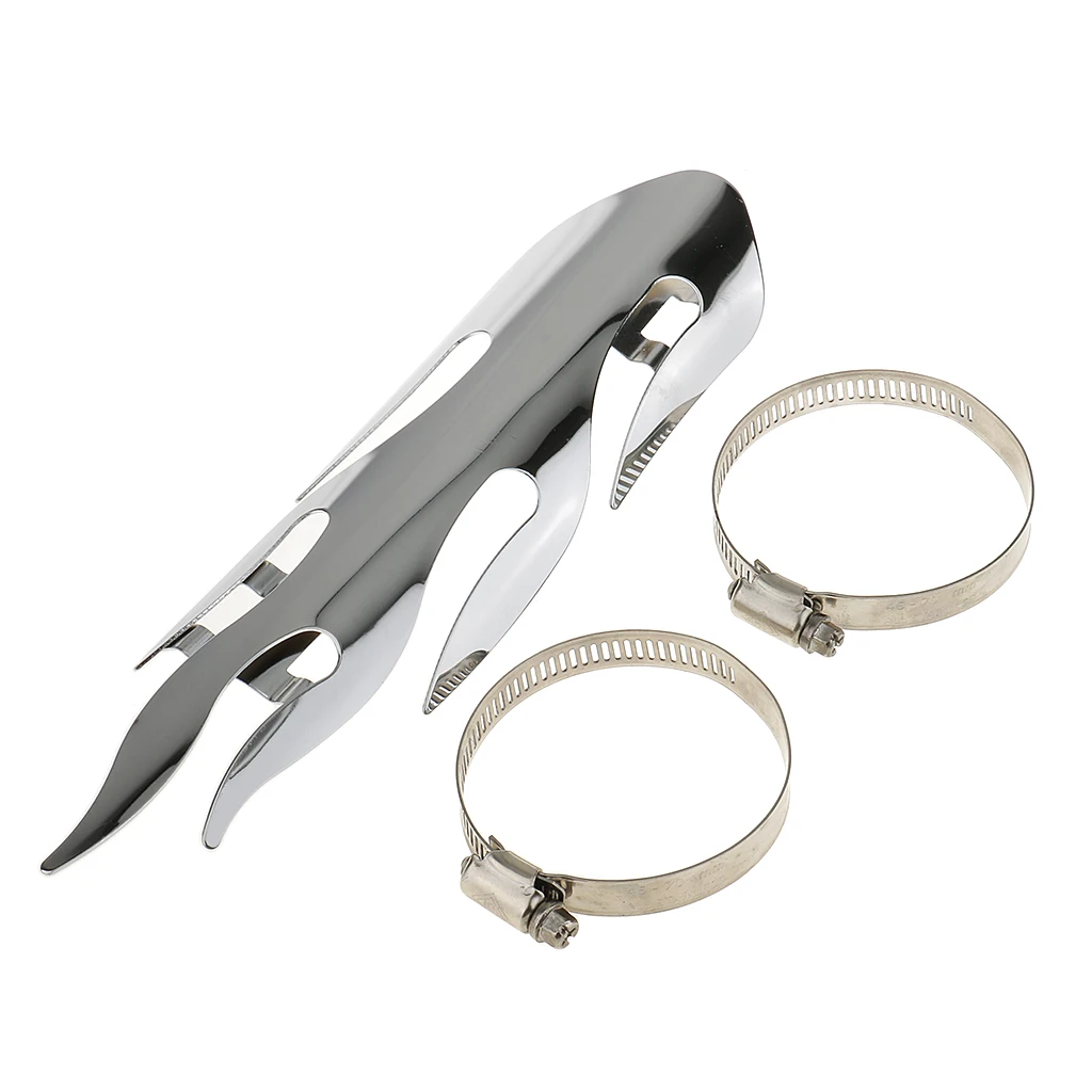 Universal Motorcycle Exhaust Silencer Pipe Cover Muffler Heat Shield Decor Heel Guard Flame, Silver