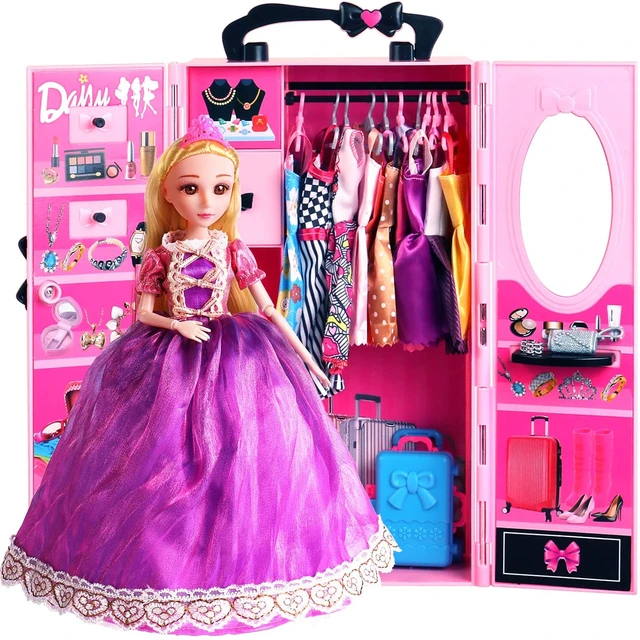 SOTOGO Doll Closet Wardrobe Set for Barbie Clothes Storage Including  Clothes, Shoes, Bags, Necklace, Hangers, Trunk, Wardrobe