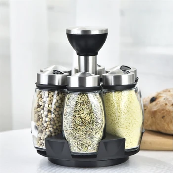 

7-piece Set Jars For Spices With Rack Multifunction Tanks Rotating Cruet Storage Bottles Salt Shakers Holder Kitchen Organizer