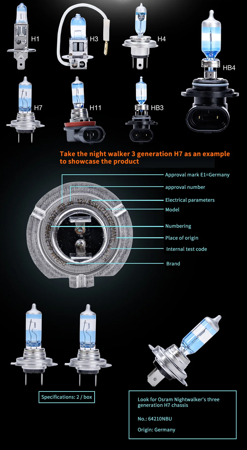 OSRAM Night Breaker H1 H3 H4 H7 H11 HB3 HB4 car headlight bulb Low beam High beam halogen lamp 110% Brightness 3900K