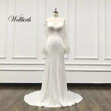Реальное изображение Wellbirth Vestido de novia атласное свадебное платье русалки с рукавами из страусиных перьев, свадебное платье TT013