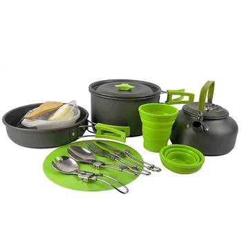 

1 Set Outdoor Pots Pans Camping Cookware Picnic Cooking Set Non-Stick Tableware with Foldable Spoon Fork Knife Kettle Cup,Green