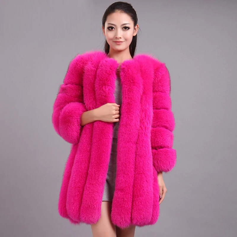 Элегантная женская Толстая теплая шуба из искусственного лисьего меха, Длинная зимняя меховая куртка, верхняя одежда, Искусственный Розовый Лисий мех, пальто для женщин LJLS015
