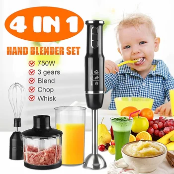 

4in1 Stainless Steel 750W Immersion Hand Stick 3Mode Adjustable Blender Mixer Vegetable Meat Grinder Chopper Whisk Smoothie Cup