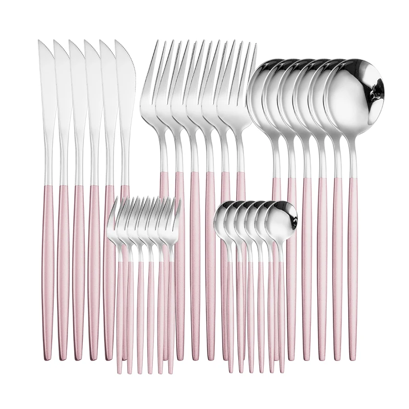 US $28.66 30pcs6set Pink Silver Cutlery Set Knife Fork Spoon Dinner Tableware Set Stainless Steel Dinnerware Set Kitchen Silverware Set