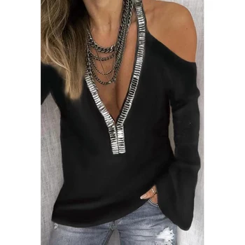 

Sexy Sequins V Neck Cold Shoulder T-shirts Women Long Sleeve Solid Color Tops S-5XL Plus Size Sequins Decoration Ladies Tshirt
