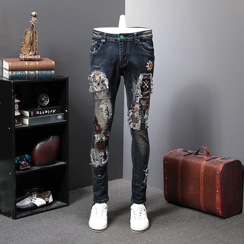 Spring Holes Patch Jeans Man Directly Canister Elastic Force Pant Men Embroidery Hole Splice Pants Skinny Jeans Moda Hombre 2020 Spring Holes Patch Jeans Man Directly Canister Elastic Force Pant Men Embroidery Hole Splice Pants Skinny Jeans Moda Hombre 2020