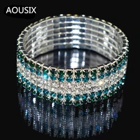 Fashion 6 Rows Full Crystal Rhinestone Elastic Bracelet Royal Blue Wide Bracelet Bling Wristband Women Wedding Bridal Jewelry 1