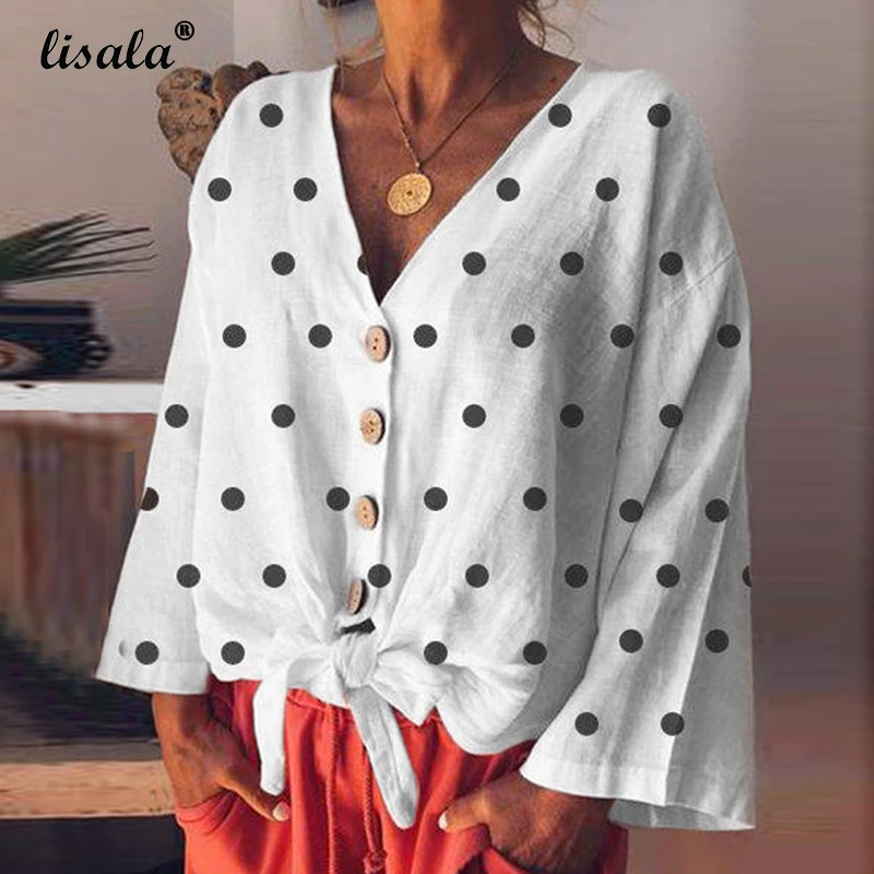 

LISALA New Arrival Blouse Tops Women polka dots Long Sleeve Shirt casual v-neck button design Blouses Female Plus size 2XL 3XL