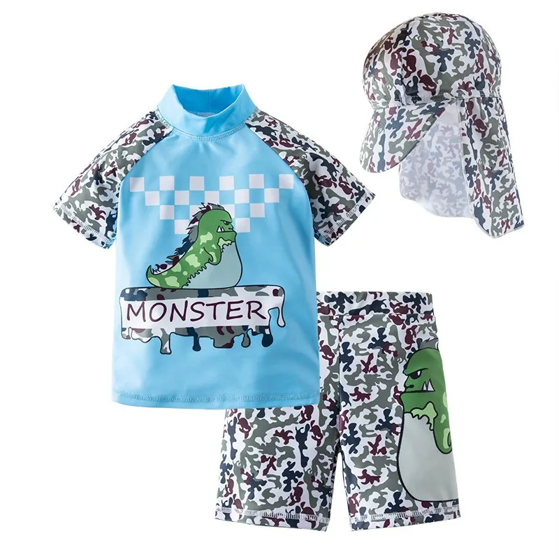 

2020 Summer New Boy Baby Swimwear+Hat 2Pcs Set greenmonster dinosaur Swimming Suit Infant Toddler Swimwear Kids Beach Bathing