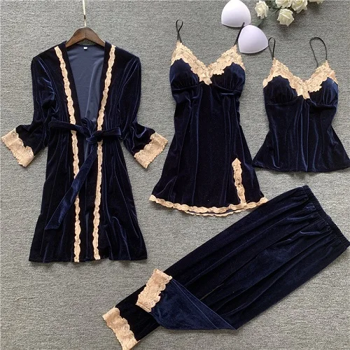 dark blue-4pcs Осенний комплект из 4 предметов, женские пижамы, платье и халат, одежда для сна, бархатная одежда для сна, пижама на бретелях, комплект для отдыха, пижама с нагрудной накладкой - Цвет: dark blue-4pcs