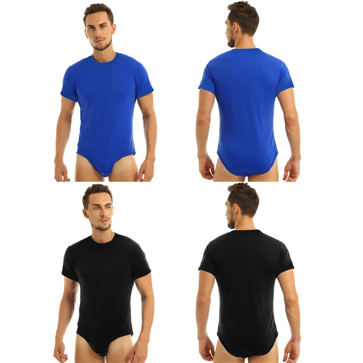 renvena Mens Press Button Crotch Shirt Bodysuit Short Sleeve Leotard Undershirt Romper 