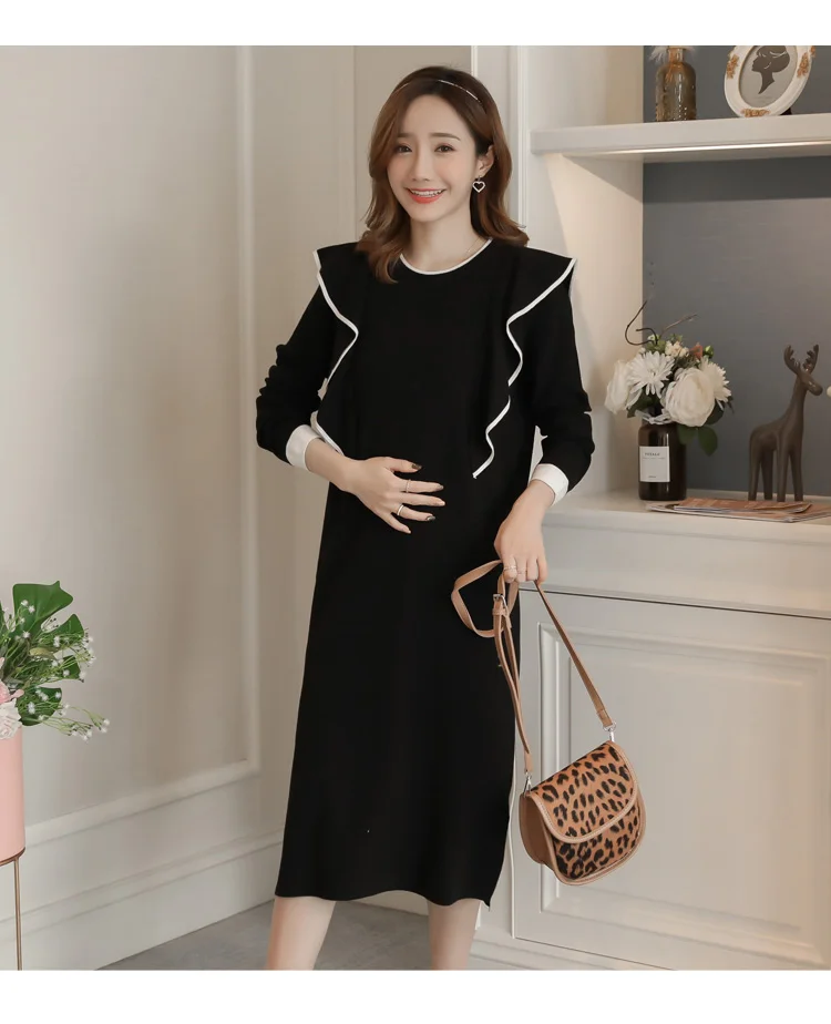 1033# Elegant Knitted Maternity Nursing Dress Autumn Winter Fashion Breastfeeding Clothes for Pregnant Women Pregnancy Feeding