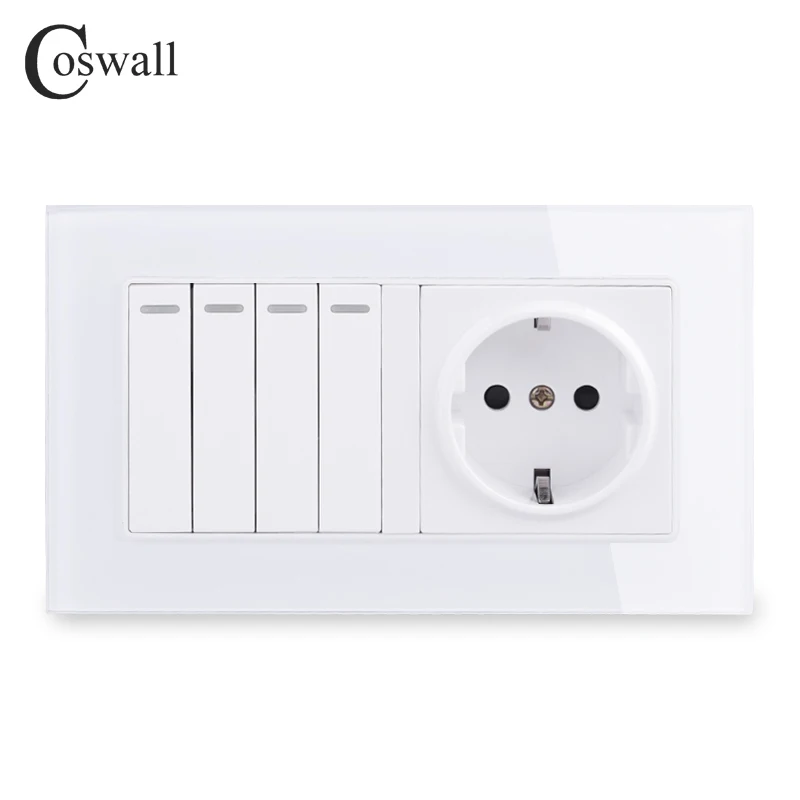 

COSWALL Crystal Glass Frame EU Standard Wall Socket Grounded + 4 Gang 2 Way Pass Through On / Off Light Switch Switched 146*86mm