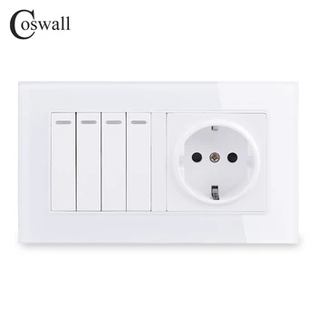 

COSWALL Crystal Glass Frame Russia Spain EU Standard Wall Socket Grounded + 4 Gang 1 Way On / Off Light Switch 146*86mm