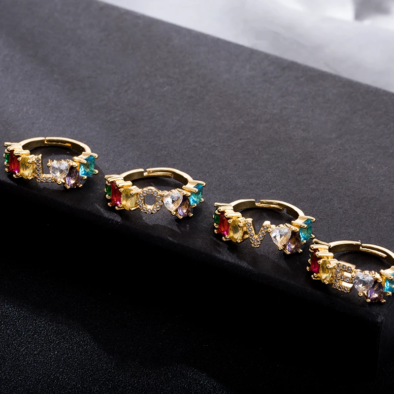Adjustable Initial Ring Bohemian Copper Zircon Rainbow Letter Rings for Women Girls Wedding Party Jewelry Gift | Украшения и