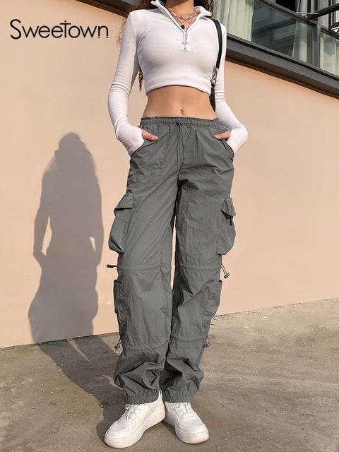 Sweetown Gray Techwear Hippie Y2K Sweatpants Drawstring Low Waist Casual  Baggy Joggers Women Patchwork Pockets Black Cargo Pants - AliExpress