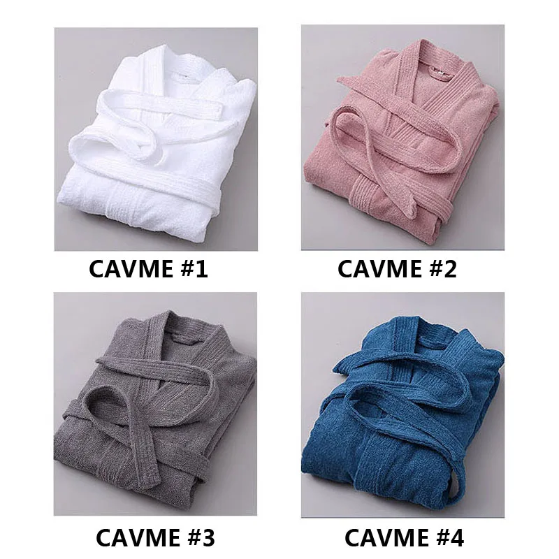 CAVME 1 White V-NECK Зимний халат из чистого хлопка, махровый халат, утолщенный халат для отеля, купальный халат, кимоно, Одноцветный, размера плюс, 90 кг, логотип на заказ - Цвет: CAVME 1 White V-NECK