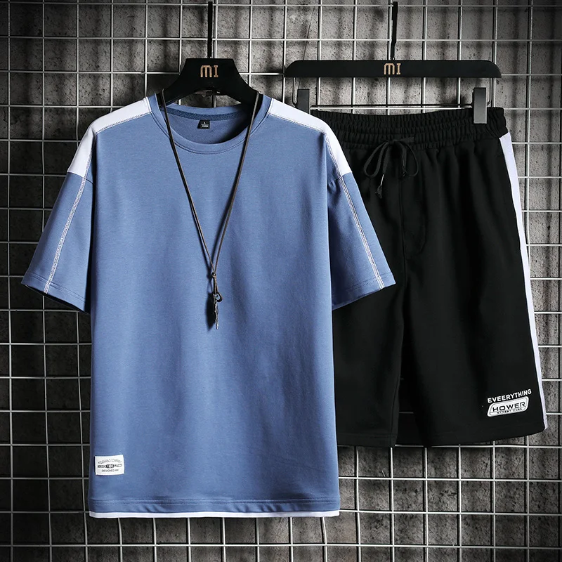 Conjuntos informales de verano para hombre, ropa deportiva con cuello redondo, camiseta de parches lisos de manga corta y pantalones cortos, 2 uds.