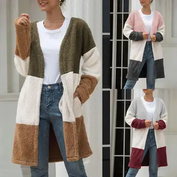 

2020 Women Autumn Winter Long Sleeve Color Bl ock wear comfortably Pockets Plushy Cardigan Midi Coat