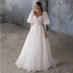 Sweetheart Puff Fulle Sleeve A-Line Beach Wedding Dresses with Soft Tulle Floor-Length Sequined  Embroidery Bridal Gowns Zipper