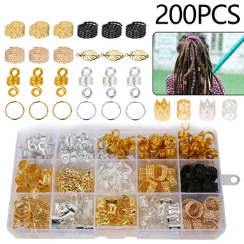 

200Pcs/Box Dreadlock Beads Kit Metal Ring Hoop Circle Braid Dreadlocks for Adjustable Hair Braid Cuff Clips Hair Styling