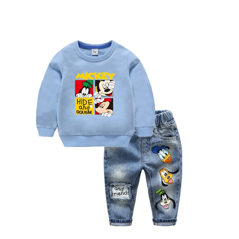 Комплект одежды с Микки Маусом для маленьких мальчиков и девочек, одежда с длинными рукавами для мальчиков, пуловер, свитер+ джинсы, штаны, осенний спортивный костюм из 2 предметов с героями мультфильмов - Цвет: Light blue