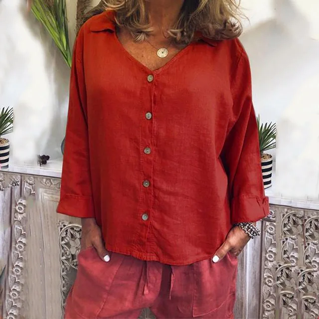 Женская хлопковая льняная блузка ZANZEA осеннее элегантное платье-рубашка с v-образным вырезом и длинными рукавами на пуговицах Женская однотонная блузка 5XL - Цвет: Красный