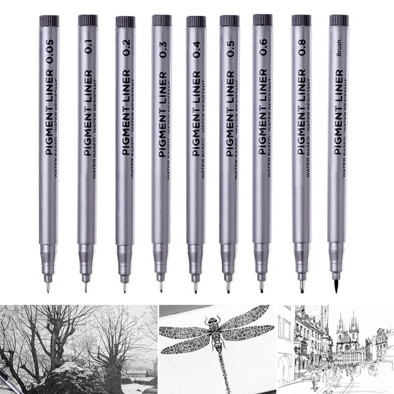 

9 Pcs Fineliner Pens Set Brush Needle Art Drawing Signature Pen Waterproof lnk GV99