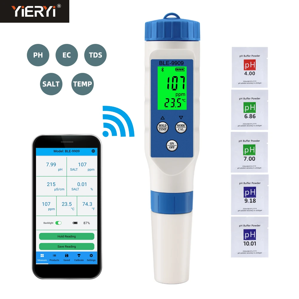 noisemeter Blue Tooth 5 in 1 PH EC TDS Salinity TEMP Meter Digital Water Quality Tester Smart Online Monitor APP Control for Aquariums Pool electronic tape measure