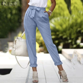 

ZANZEA Women's Pants OL Pants Casual Solid Long Trousers Loose Pockets Bow Zipper Up High Waist Straight Pantalon Femme Palazzo