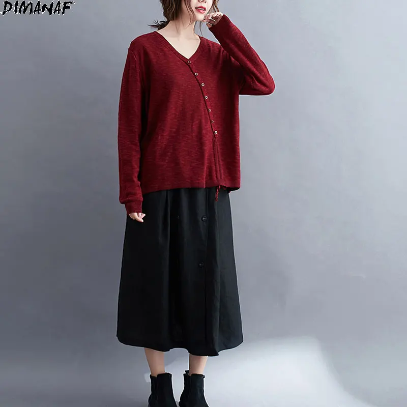 DIMANAF 2020 Plus Size Women T-Shirt Casual Knitting V-Neck Pullover Buttons Spliced Cotton Autumn Tee Shirt New Big Size Tops