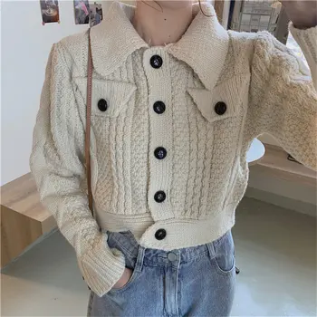

Alien Kitty All-Match Warm Pockets Solid Brief 2020 High Waist Office Lady Retro Chic Cardigans Women Knitted Short Sweaters